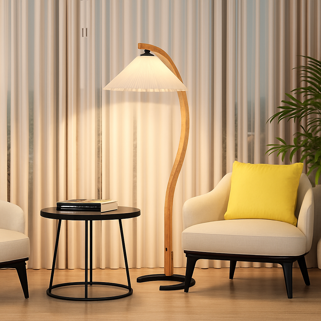 Lampadaire LED plissée en bois naturel et noyer - vue 4 sur 9