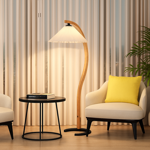 Lampadaire LED plissée en bois naturel et noyer - vue 4 sur 9