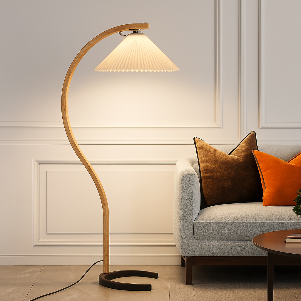 Lampadaire LED plissée en bois naturel et noyer - vue 5 sur 9