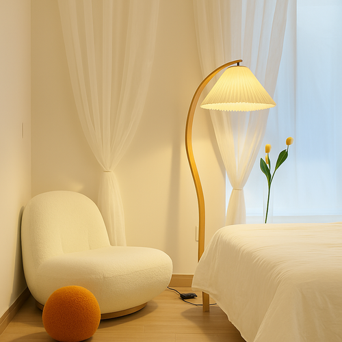 Lampadaire LED plissée en bois naturel et noyer - vue 6 sur 9
