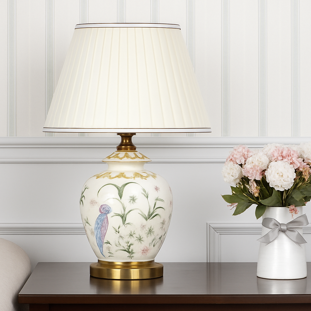 lampe de bureau céramique moderne motifs fleurs oiseaux décoration intérieure - vue 5 sur 9