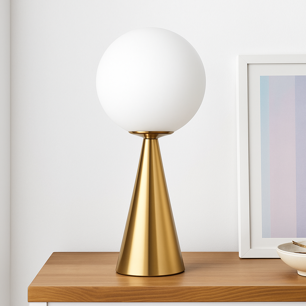 Lampe de chevet design en cône dorée et lampe en boule - vue 3 sur 6