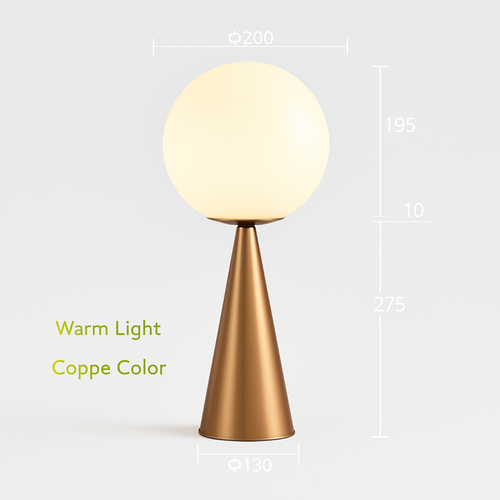 Lampe de chevet design en cône dorée et lampe en boule