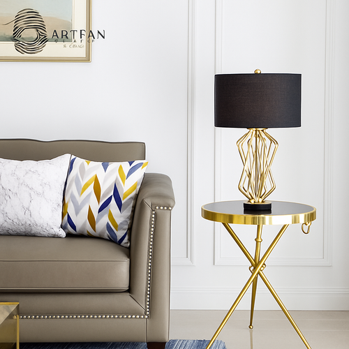 Lampe de chevet à pied design doré et abat-jour en tissu - vue 3 sur 5