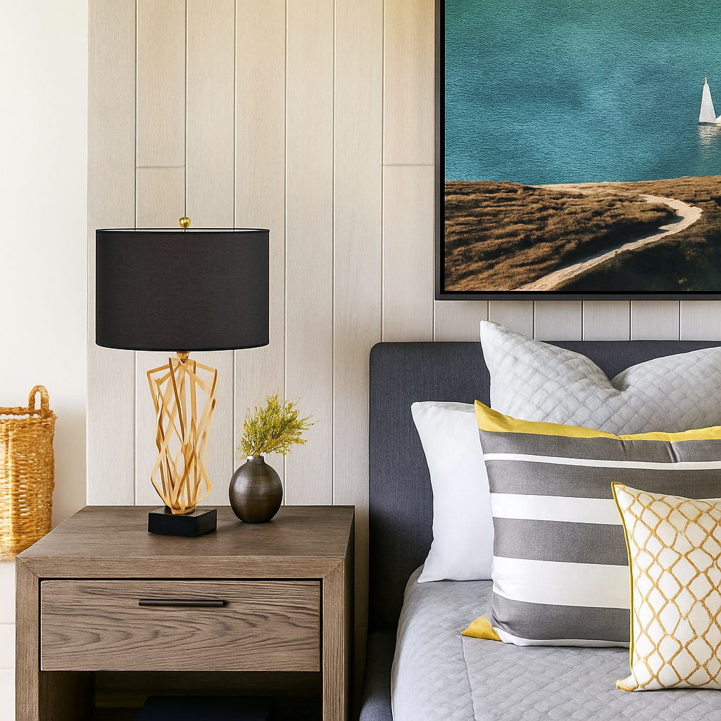 Lampe de chevet à pied design doré et abat-jour en tissu - vue 4 sur 5