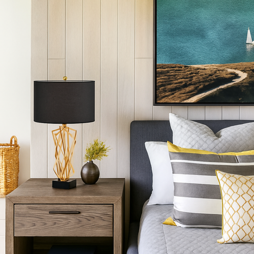 Lampe de chevet à pied design doré et abat-jour en tissu - vue 4 sur 5