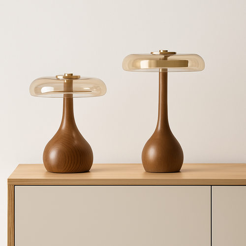 lampe de table rétro en verre et bois design japonais - vue 3 sur 8