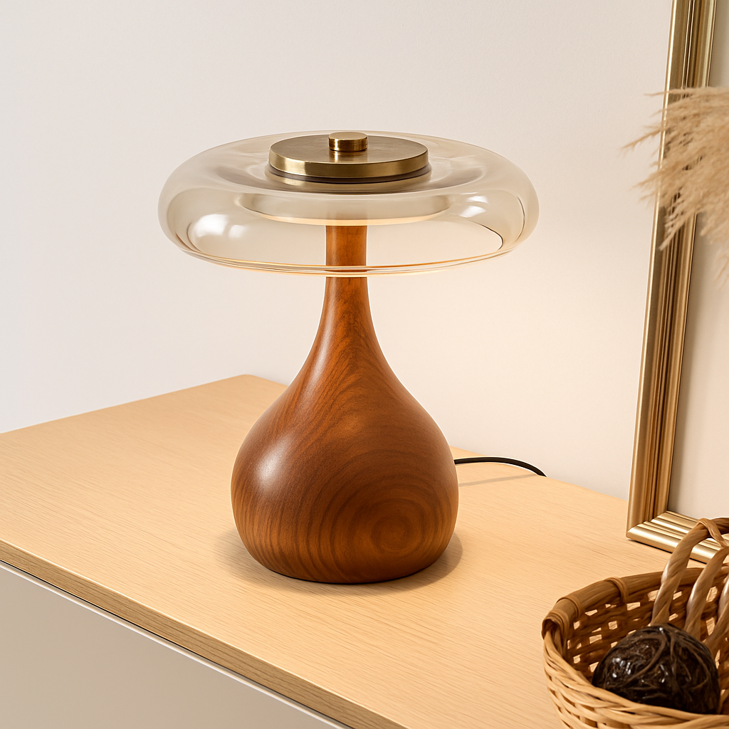 lampe de table rétro en verre et bois design japonais - vue 3 sur 8