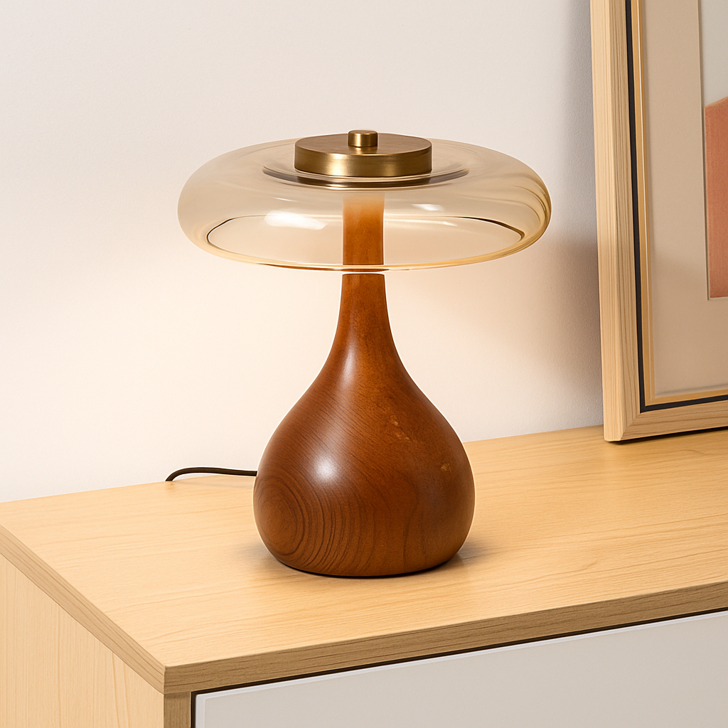 lampe de table rétro en verre et bois design japonais - vue 5 sur 8