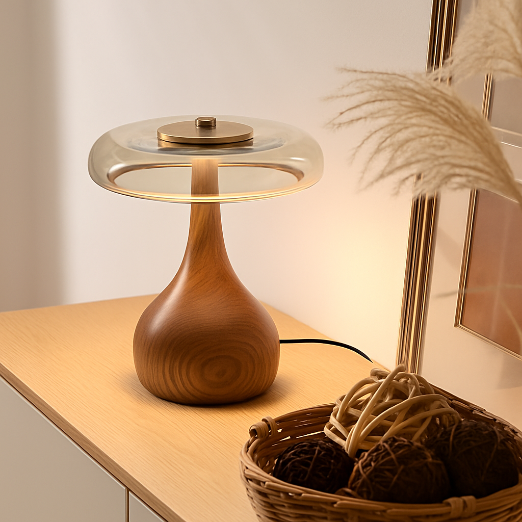 lampe de table rétro en verre et bois design japonais - vue 6 sur 8