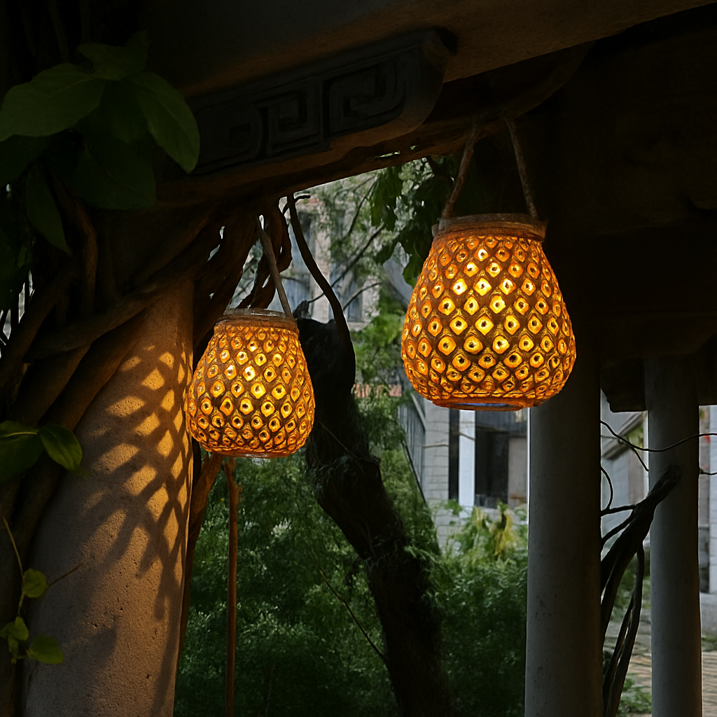 lanterne solaire extérieure suspendue en imitation bambou pour jardin terrasse - vue 4 sur 6