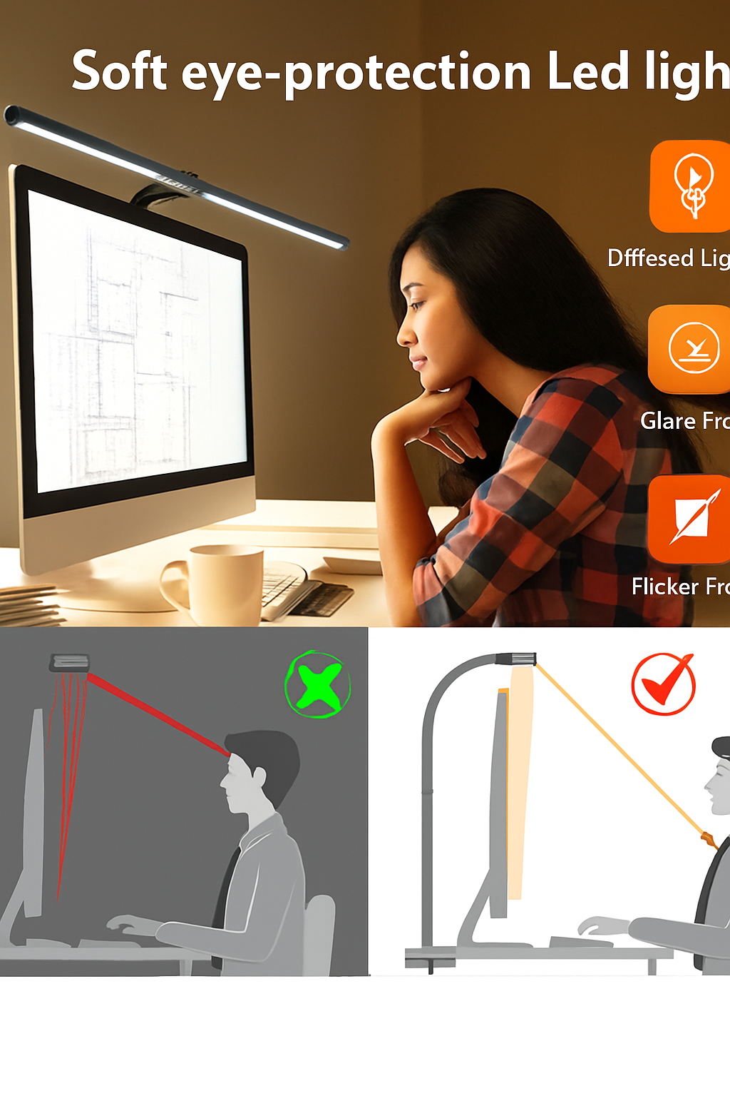 LAOPAO Lampe de bureau LED à double tête Lampes de bureau d'architecte EU/US Bureau 24W 5 modes de couleur les plus lumineux et 5 lampes de protection des yeux à intensité variable - vue 5 sur 10