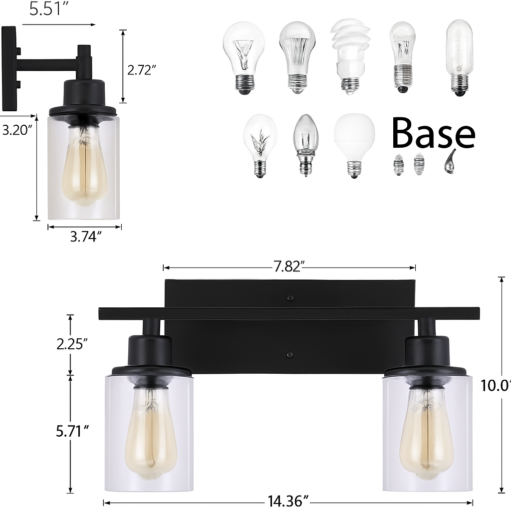 luminaire applique métal verre noir mate salle bains cuisine porche - vue 6 sur 10