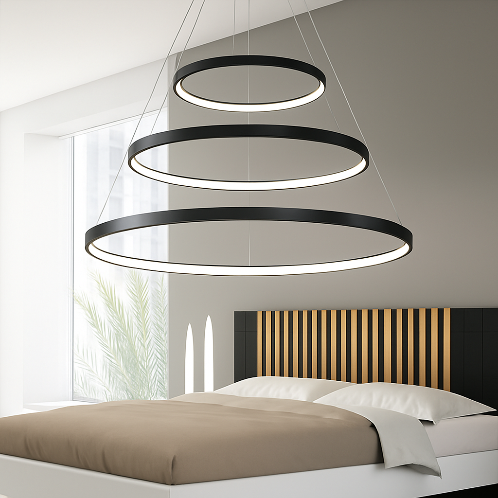 Lustre design avec anneaux imbriquées suspendus à LED - vue 4 sur 5
