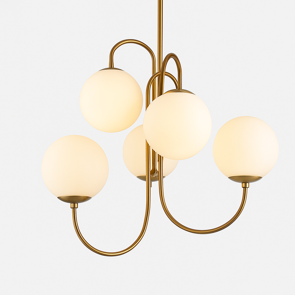 Lustre design avec branches dorées et boule de verre