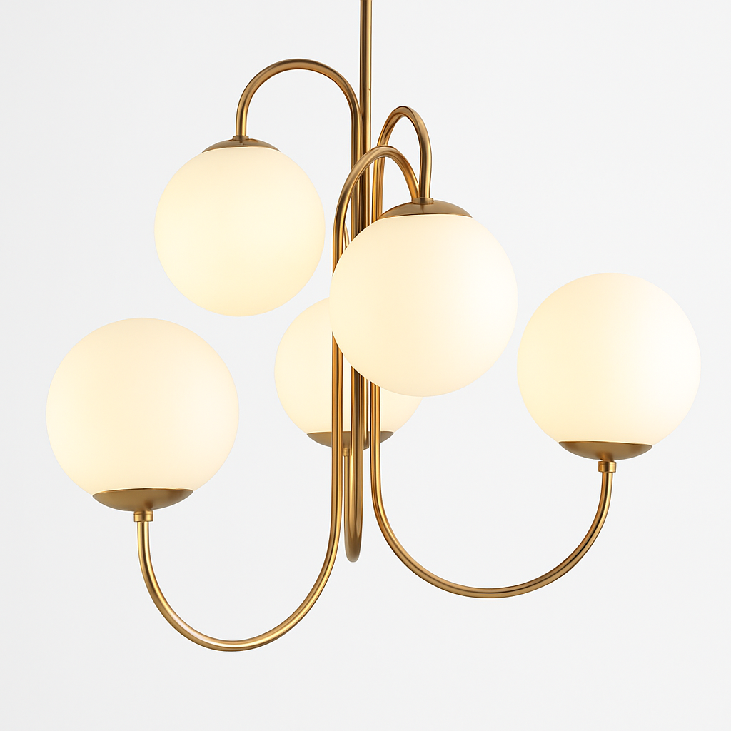 Lustre design avec branches dorées et boule de verre - vue 3 sur 5