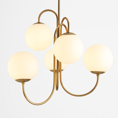 Lustre design avec branches dorées et boule de verre - vue 3 sur 5