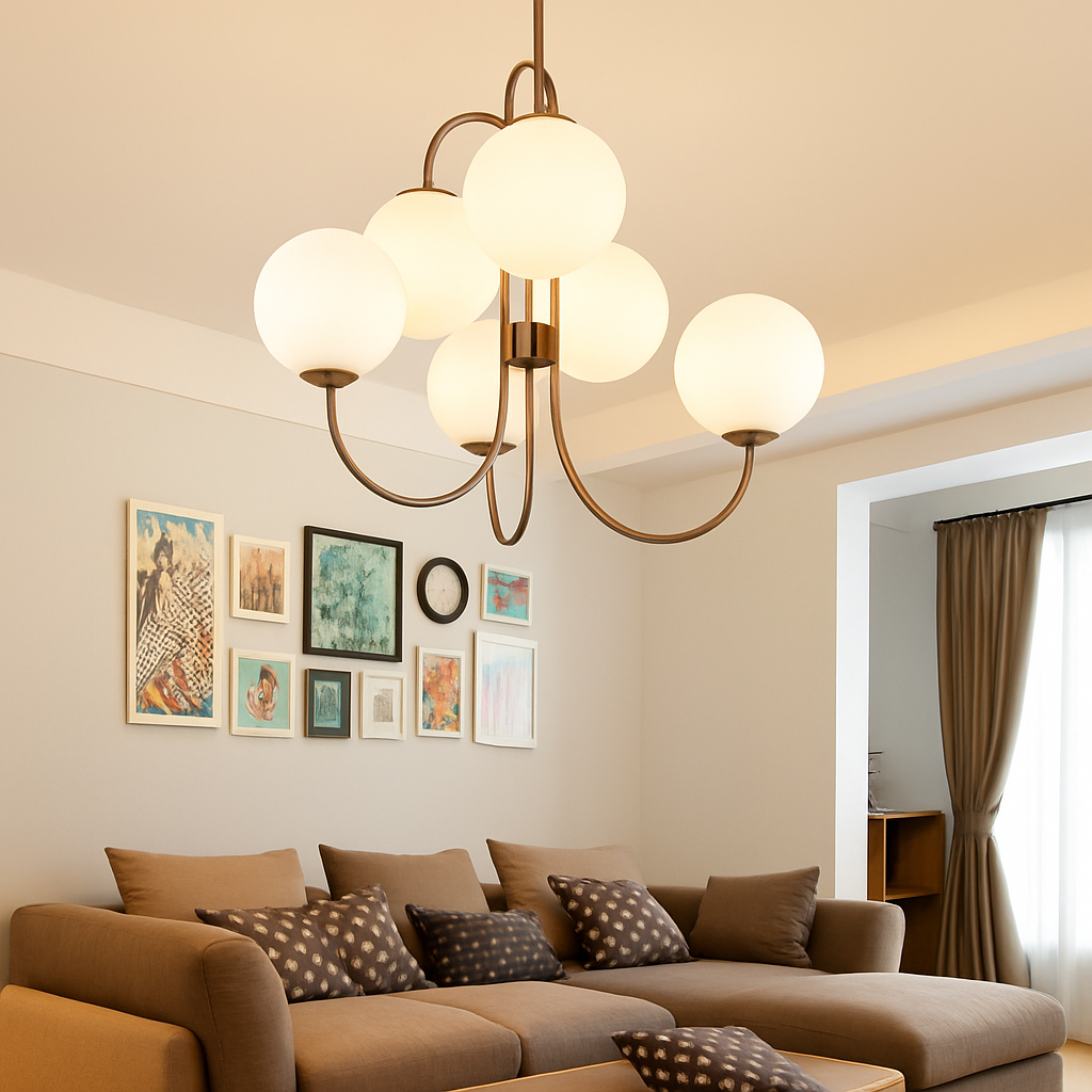 Lustre design avec branches dorées et boule de verre - vue 4 sur 5