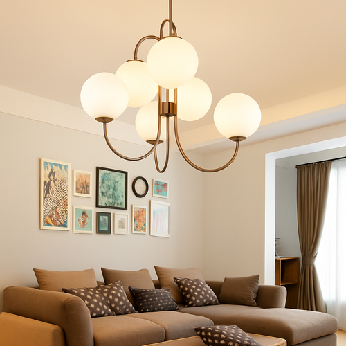 Lustre design avec branches dorées et boule de verre - vue 4 sur 5
