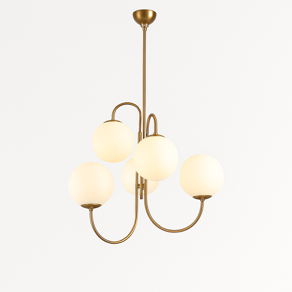 Lustre design avec branches dorées et boule de verre - vue 5 sur 5