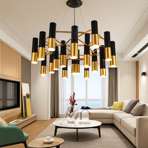 Lustre design avec tubes en métal noir et doré Italy - vue 2 sur 6
