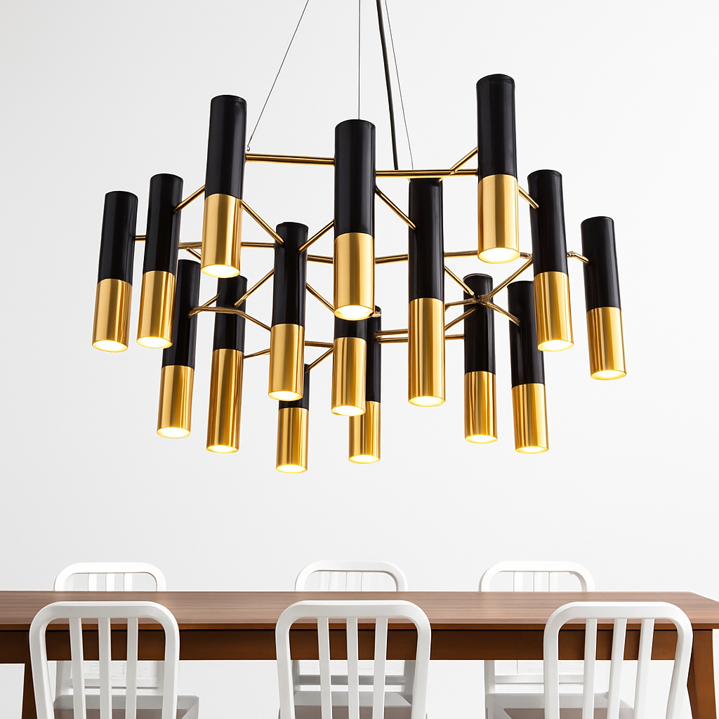 Lustre design avec tubes en métal noir et doré Italy - vue 3 sur 6