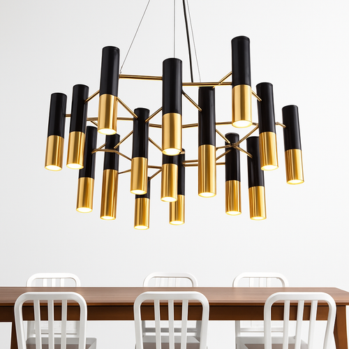 Lustre design avec tubes en métal noir et doré Italy - vue 3 sur 6