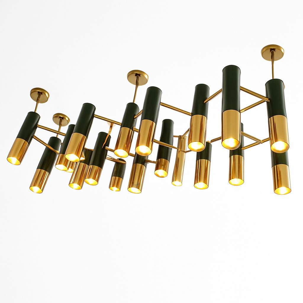 Lustre design avec tubes en métal noir et doré Italy - vue 5 sur 6