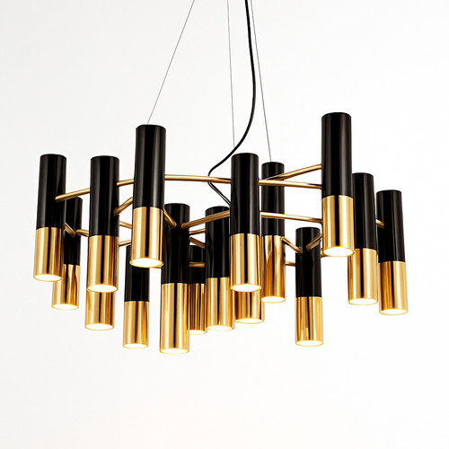 Lustre design avec tubes en métal noir et doré Italy - vue 6 sur 6