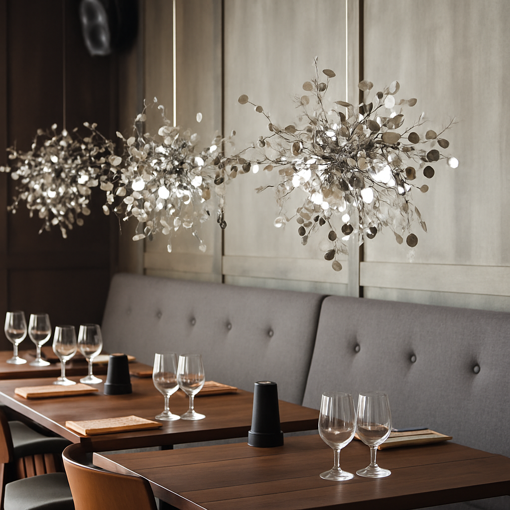 Lustre design chromé arbre à feuilles rondes - vue 5 sur 9