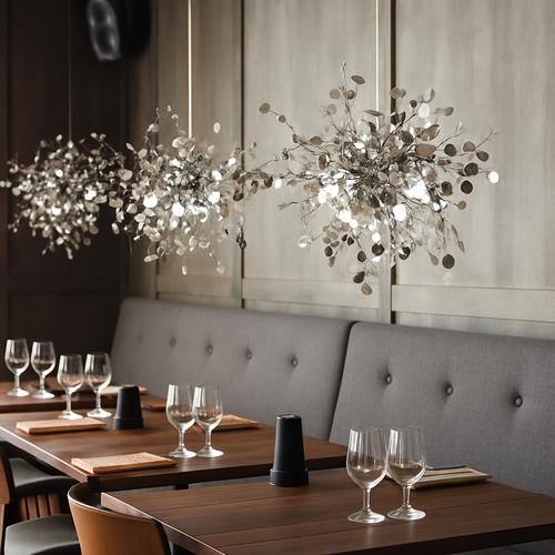 Lustre design chromé arbre à feuilles rondes - vue 6 sur 9