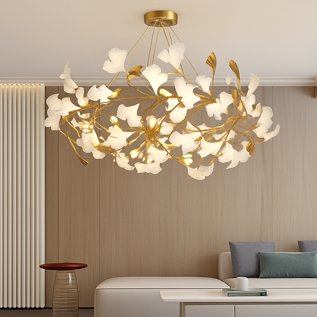 Lustre design Feuilles de céramique de luxe et Branches d'or - vue 3 sur 17