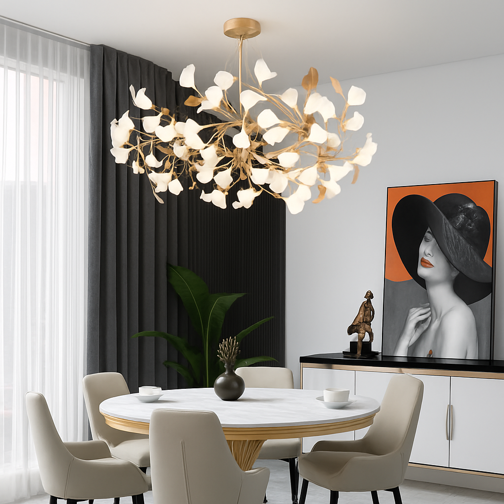 Lustre design Feuilles de céramique de luxe et Branches d'or - vue 6 sur 17