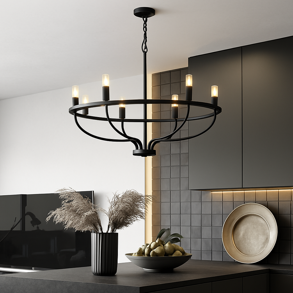 Lustre industriel rétro en fer à 6 têtes - vue 5 sur 8