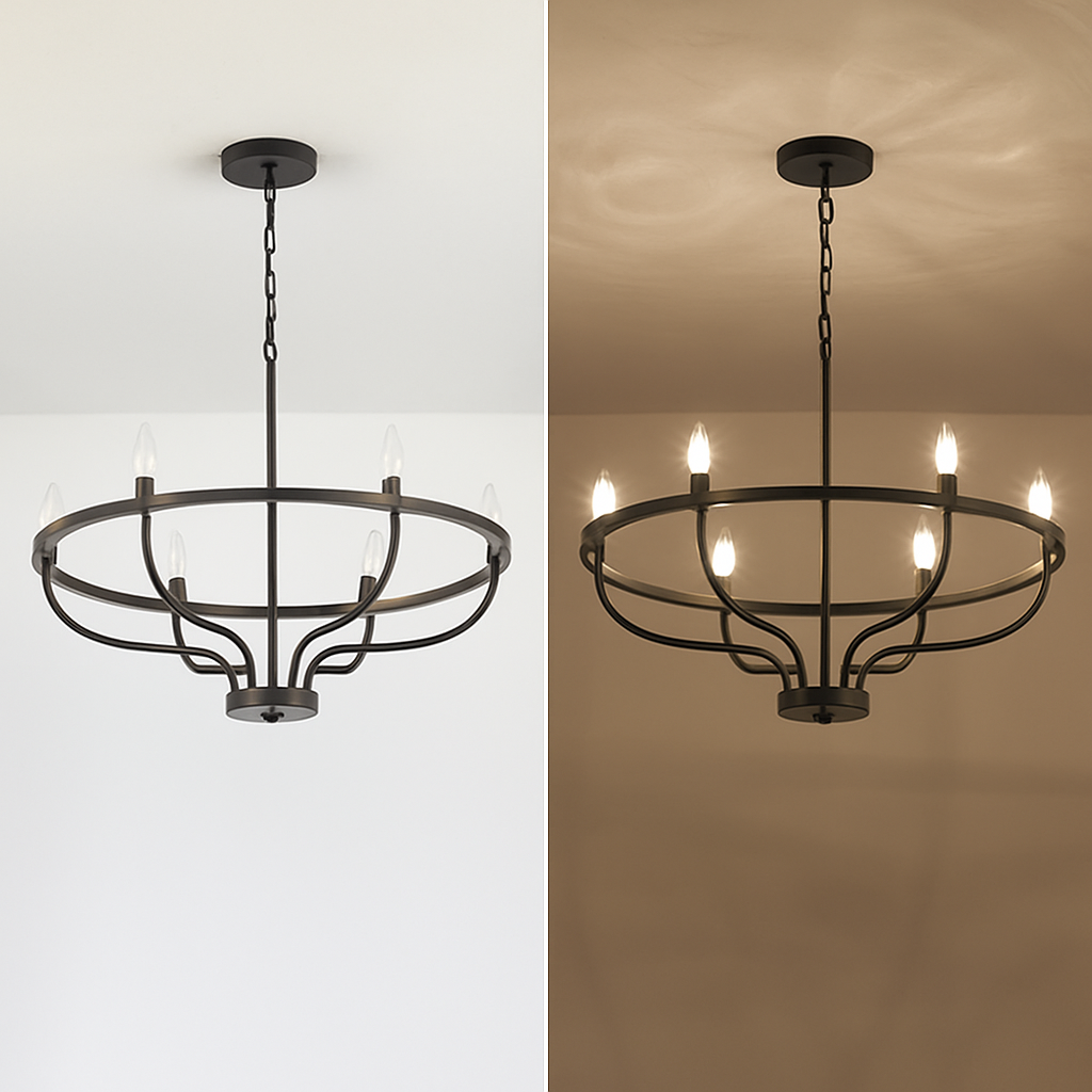 Lustre industriel rétro en fer à 6 têtes - vue 6 sur 8