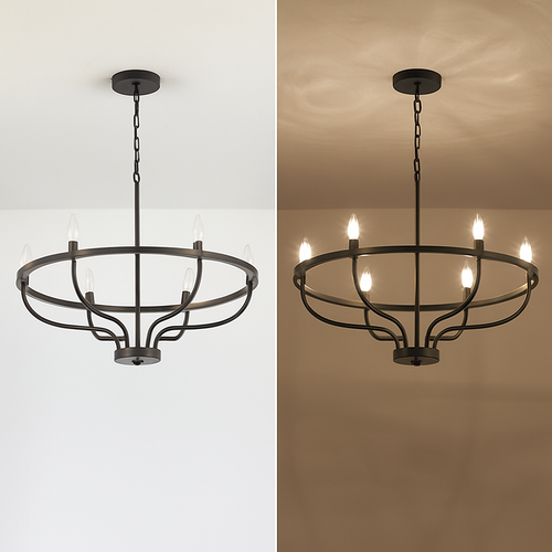 Lustre industriel rétro en fer à 6 têtes - vue 6 sur 8