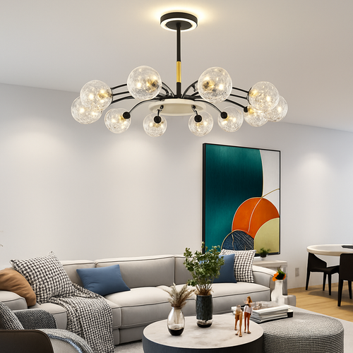 lustre led de luxe en fer avec boules de verre étoilées - vue 3 sur 16