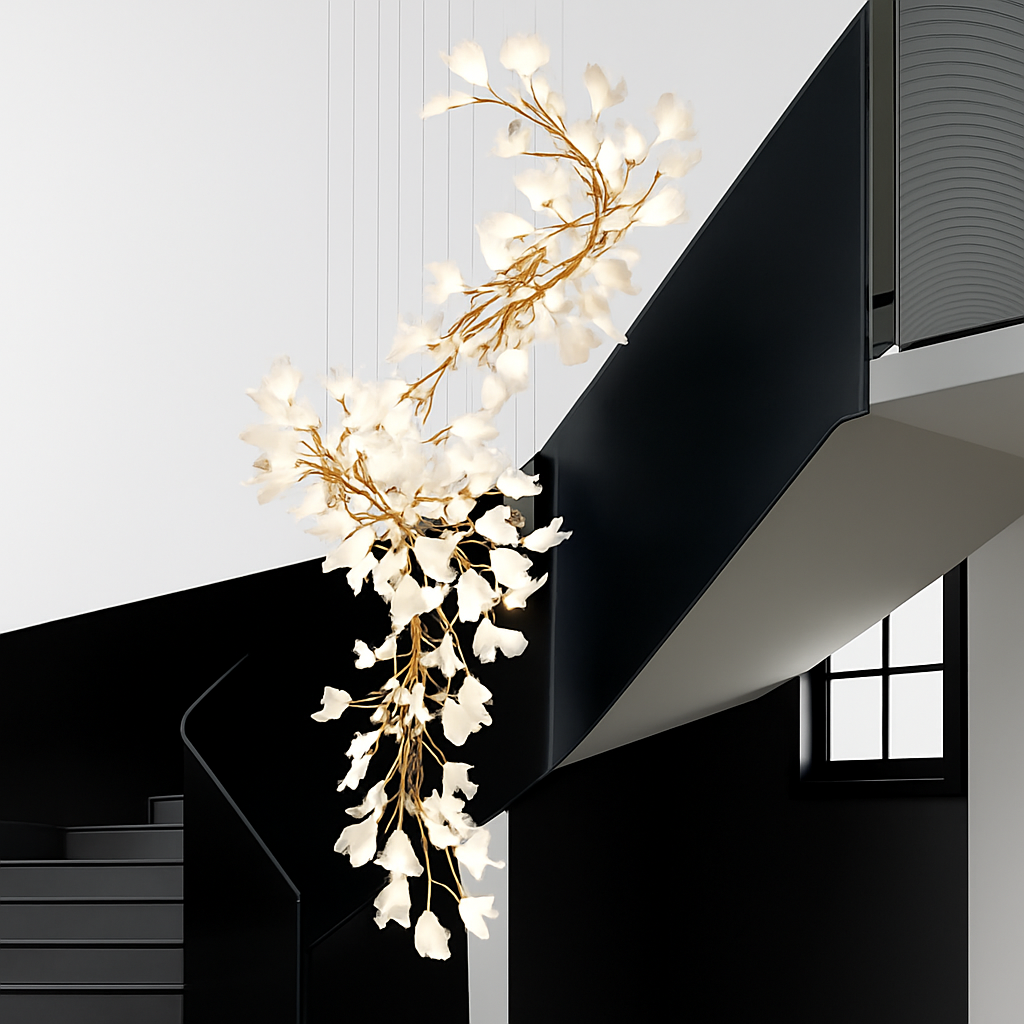 lustre led de luxe moderne en céramique motif ginkgo art villa - vue 5 sur 16