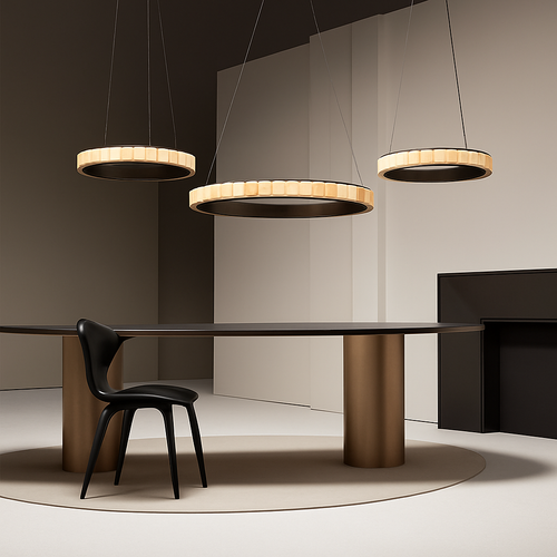 Lustre LED marbre acier inoxydable or noir rond - vue 4 sur 17