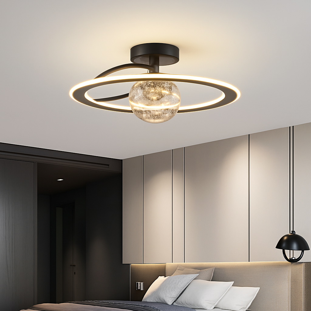 lustre led moderne de luxe avec boules de verre dorées - vue 2 sur 9
