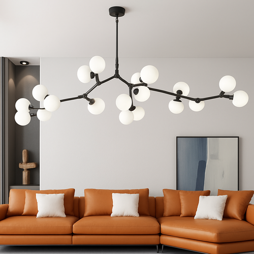 lustre moderne led avec branches d'arbre et boules de verre - vue 3 sur 12
