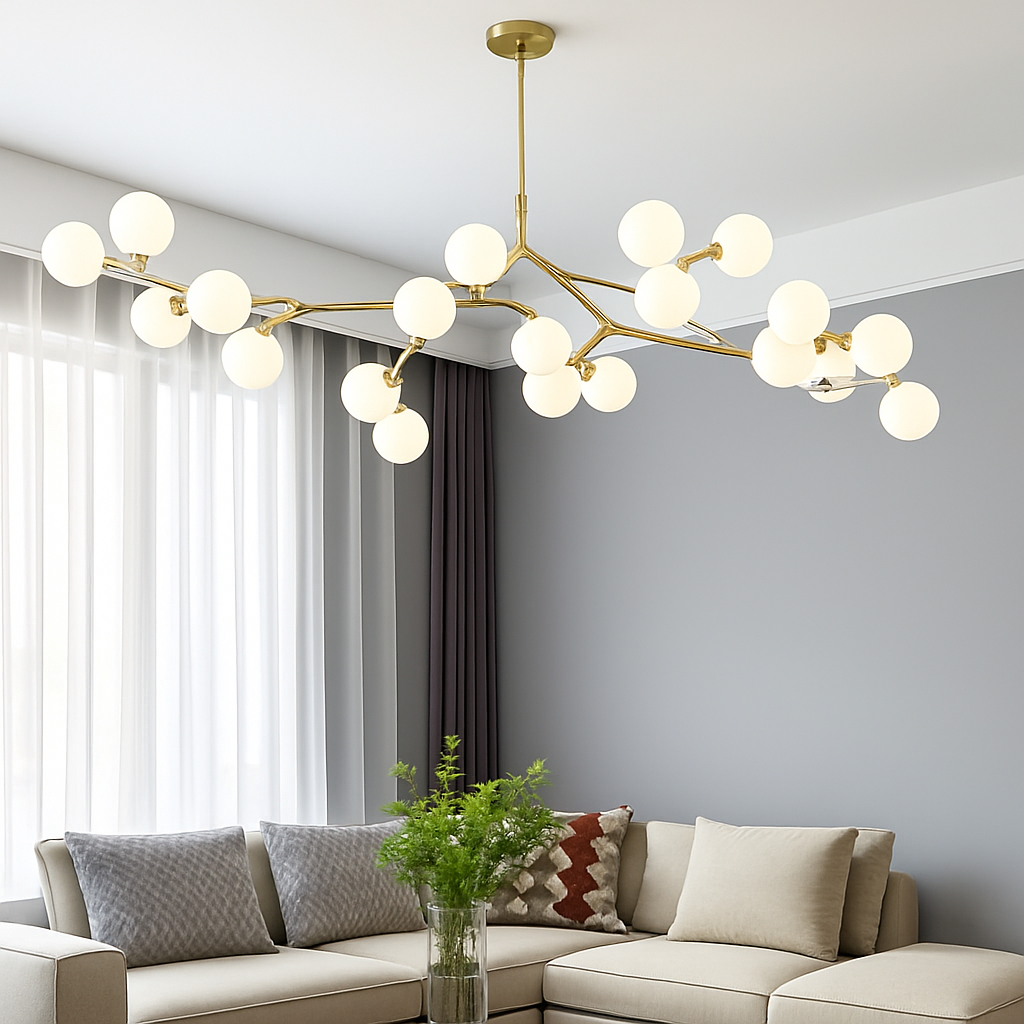 lustre moderne led avec branches d'arbre et boules de verre - vue 3 sur 12