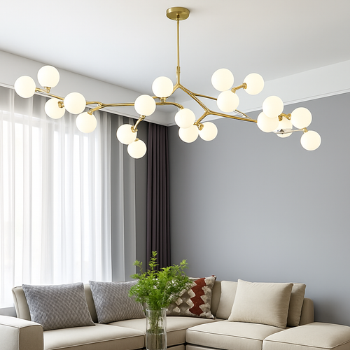 lustre moderne led avec branches d'arbre et boules de verre - vue 4 sur 12