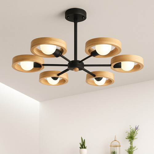 lustre nordique en bois avec abat-jour rond suspendu - vue 3 sur 12