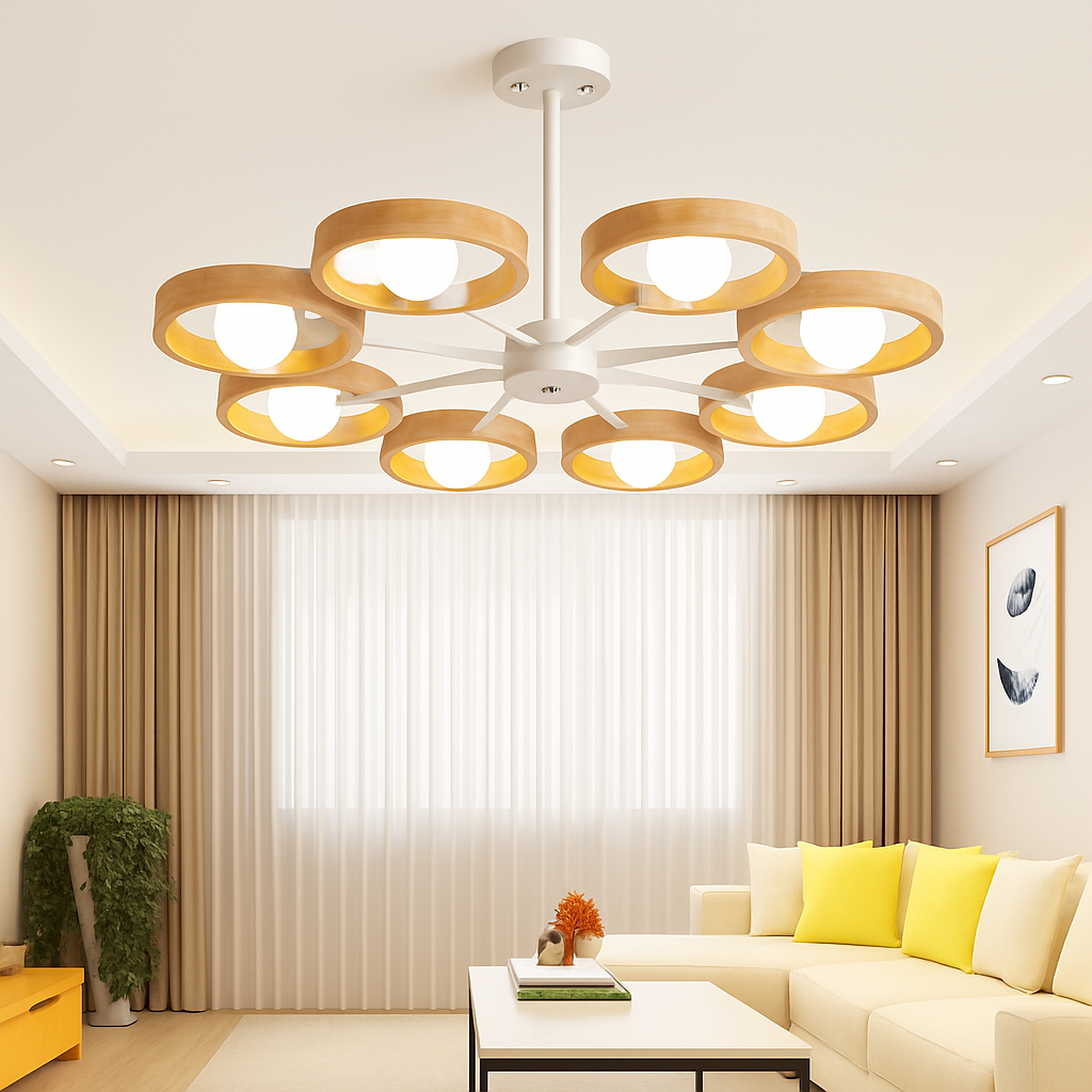 lustre nordique en bois avec abat-jour rond suspendu - vue 3 sur 12