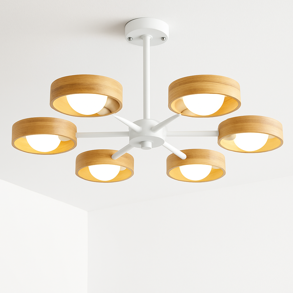 lustre nordique en bois avec abat-jour rond suspendu - vue 11 sur 12