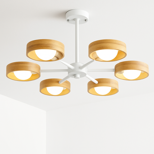 lustre nordique en bois avec abat-jour rond suspendu - vue 12 sur 12