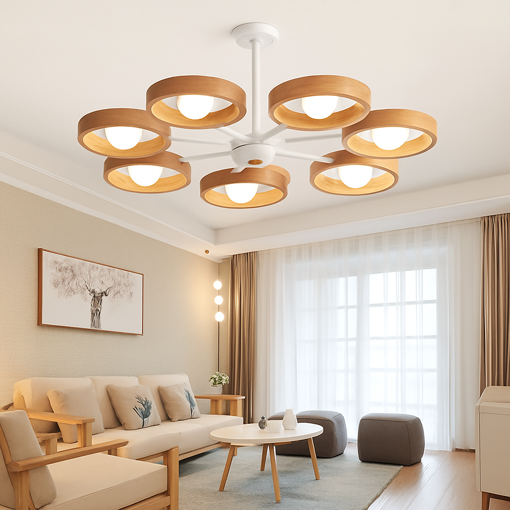 lustre nordique en bois avec abat-jour rond suspendu - vue 4 sur 12