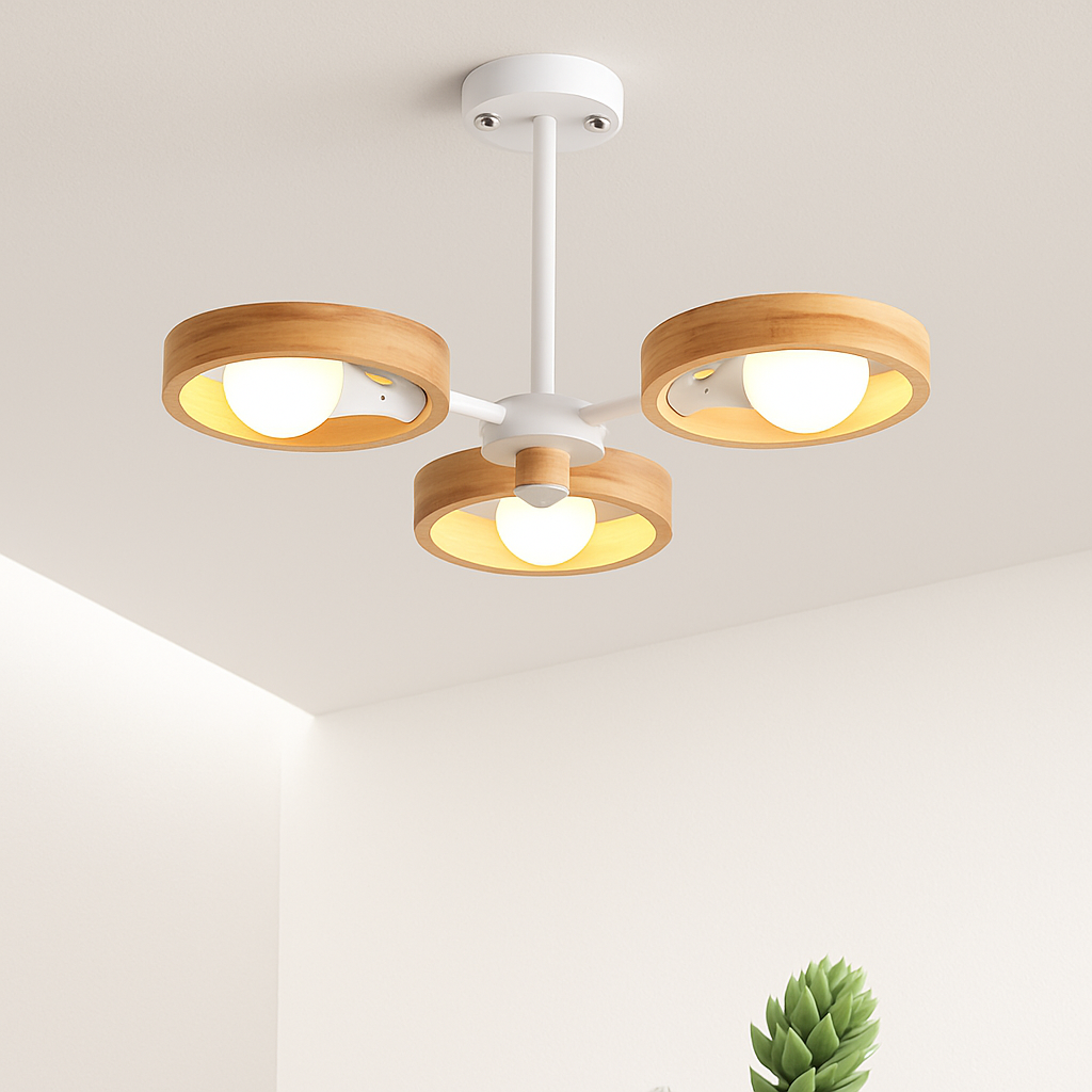 lustre nordique en bois avec abat-jour rond suspendu - vue 5 sur 12