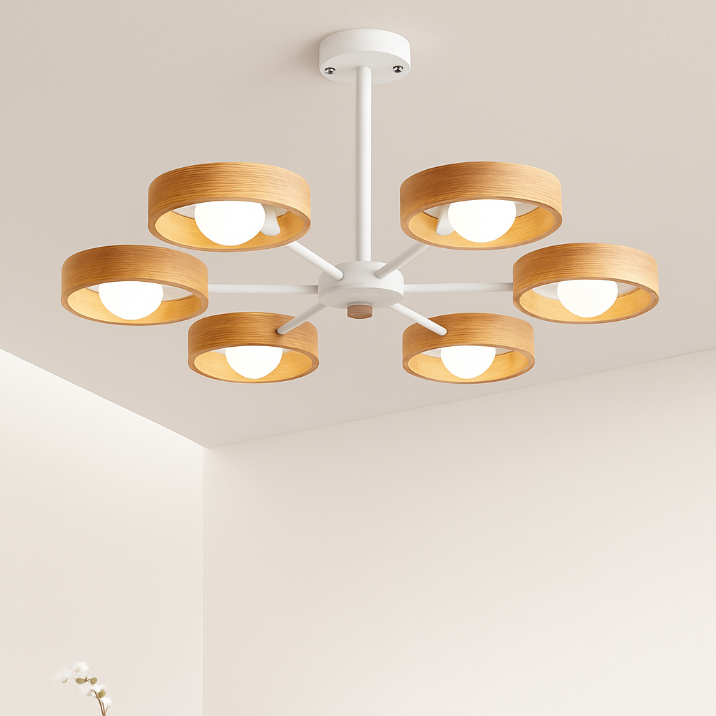 lustre nordique en bois avec abat-jour rond suspendu - vue 6 sur 12